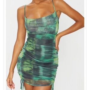 PrettyLittleThing Green Tie Dye Print Strappy Ruched Tie Hem Bodycon Dress